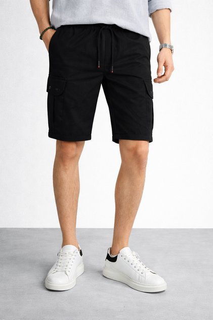 Men's Polyviscose Fabric Shorts with Cargo Pockets, Embroidery Details, and Elastic Waistband Inp245T