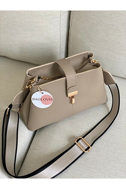 STRIPED COLUMN STRAP SHOULDER BAG WITH LOCK DETAIL AND INTERIOR COMPARTMENTS
