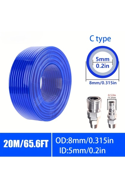 8mmCType20M 20m/10m(65.6/32.8ft) Heavy-Duty 3-Ply Braid PU Hose - Euro/C Quick Connects, High-Pressu