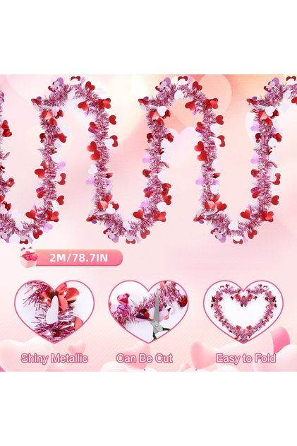 STYLE A 2M Valentines Heart Tinsel Garland Decorations, Valentines Day Red Pink White Metallic Garla