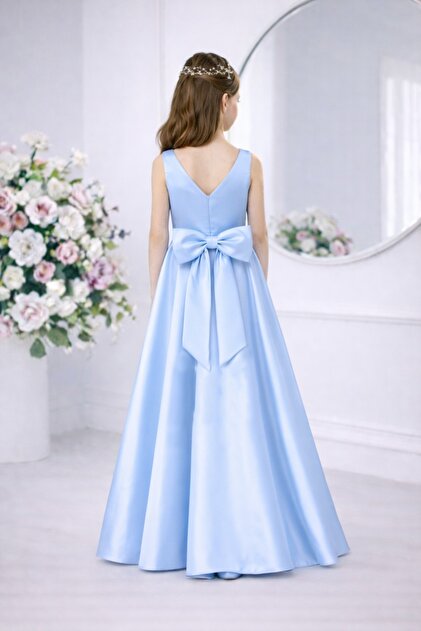 SUNEH Girl's Baby Blue Satin Crew Neck Plain Dress Graduation Birthday  Evening Dress- Trendyol