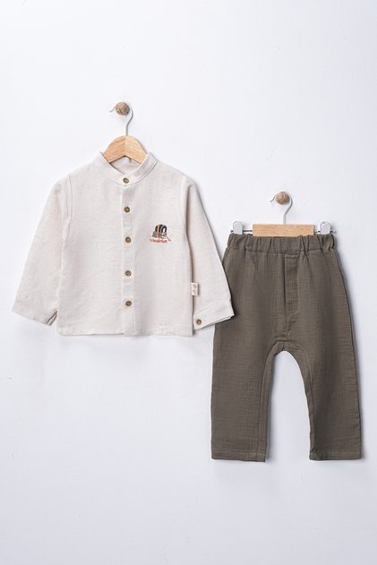 6-24 Months Linen Shirt Thick Muslin Washable Pants Wonderlust Embroidery Detail 2-Piece Baby Boy Set