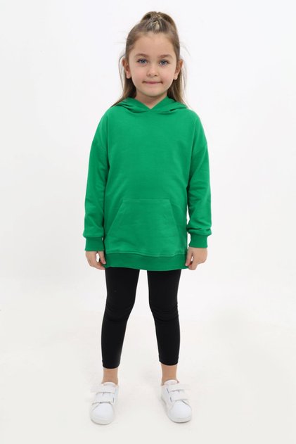 Girl's 2-Piece Set Printed Hooded Low Shoulder Pocketed Slit Sweatshirt & Basic Plain Tights