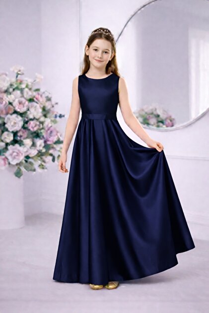 SUNEH Girl's Navy Blue Satin Crew Neck Plain Dress Graduation Birthday  Evening Dress- Trendyol