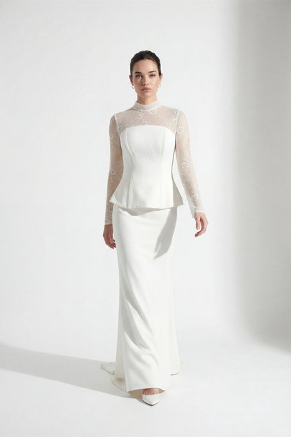 Women's White Lace Detail Long Mermaid Evening Dress