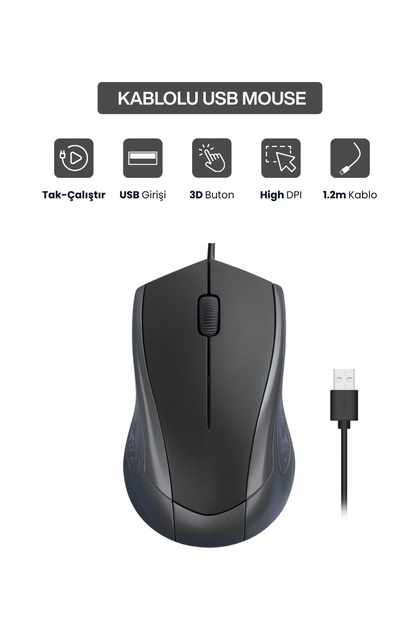 USB Kablolu 3D Optik Mouse – 3 Tuş, Yüksek DPI Hassasiyetli Bilgisayar Mouse