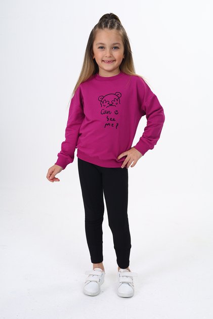 Girl's 2-Piece Set Printed Crew Neck Off-Shoulder Sweatshirt & Basic Plain Leggings