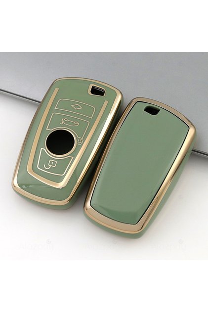 Bmw Compatible 1, 3, 5, 7 Series, F30, F25, F20, F18, F16, F15, F10, X1, X3, X4, X5 Gold Edge Tpu Key Case Cover (Green)