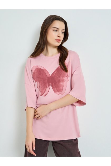 Women Pink Butterfly Graphic Oversized T-Shirt