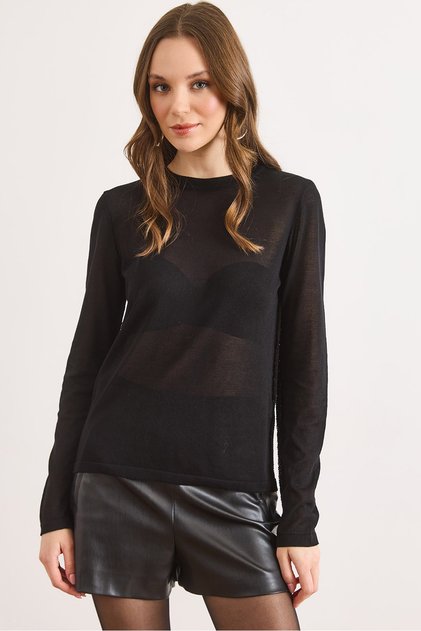 Women's Black Crew Neck Transparent Seasonal Knitwear Blouse Blz-19003212