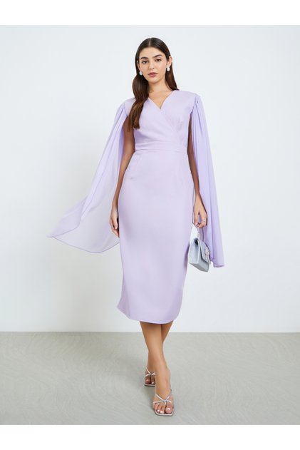 Women Lilac Cape Sleeve Sheath Midi Dress