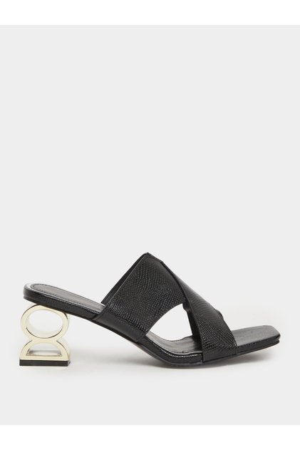 Women Black Textured Mid-Heel Sandals