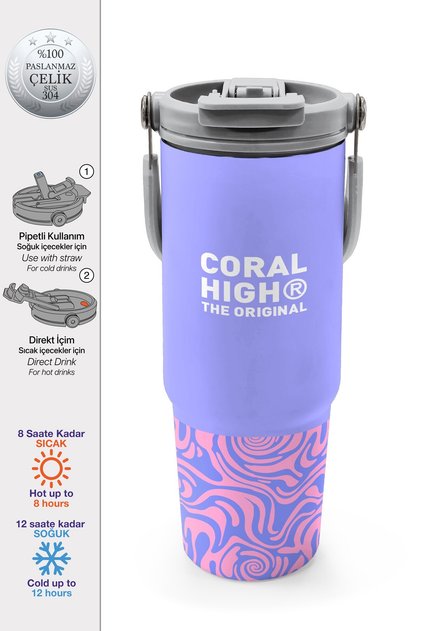 Milka Geometric Patterned Thermos with Straw and Direct Drinking Steel Thermos 900 ml 38704