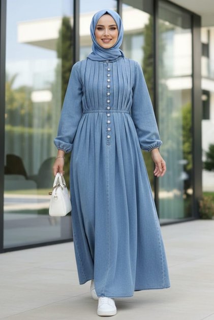 Women's Pleated Detail Buttoned Lace-Up Light Blue Denim Dress