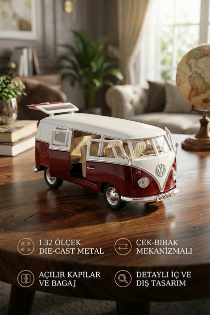 1:32 Scale Metal Pull-Back Nostalgic Volkswagen T1 Minibus Vosvos Toy Car - Burgundy (13 cm)