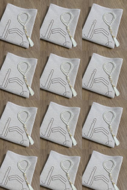 12 Pieces of Minimal Kaaba Embroidered Linen Prayer Mat, Dowry Gift