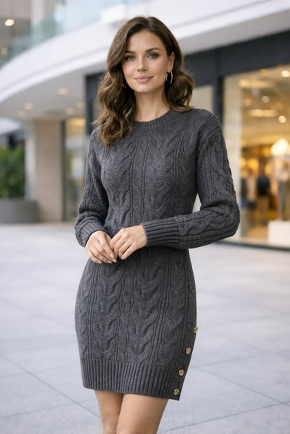 Women's Knitwear Mini Dress Anthracite Crew Neck Long Sleeve Braided Button Detail Slit Length-80/85Cm