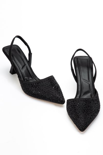 Women's Black Pointed Toe Classic Heeled Shoes with Stone Detail