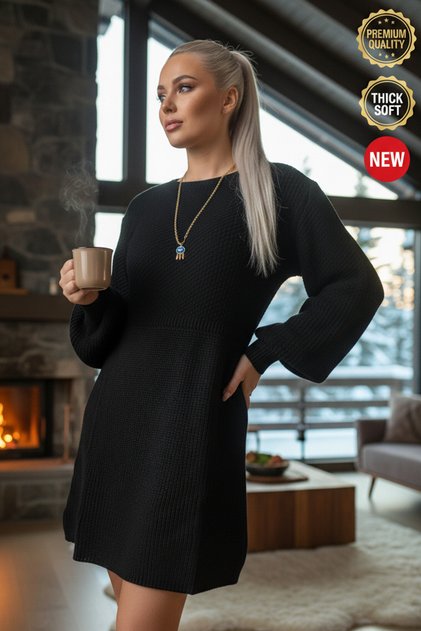 Women's Black Rice Knit Balloon Sleeve Balloon Skirt Size Knitwear Dress S-M-L Compatible