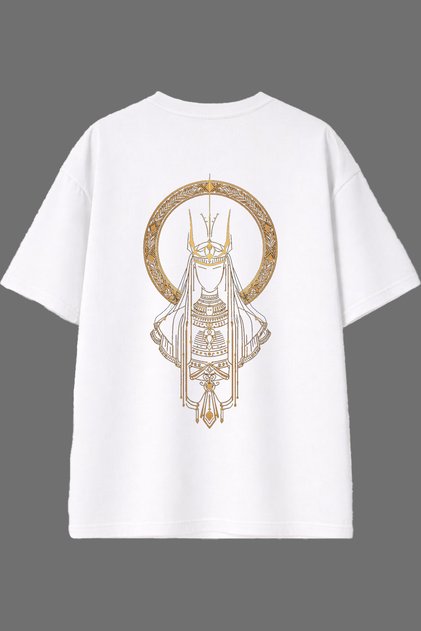 Yellow Striped Knight Design White Oversize T-Shirt with Back Print