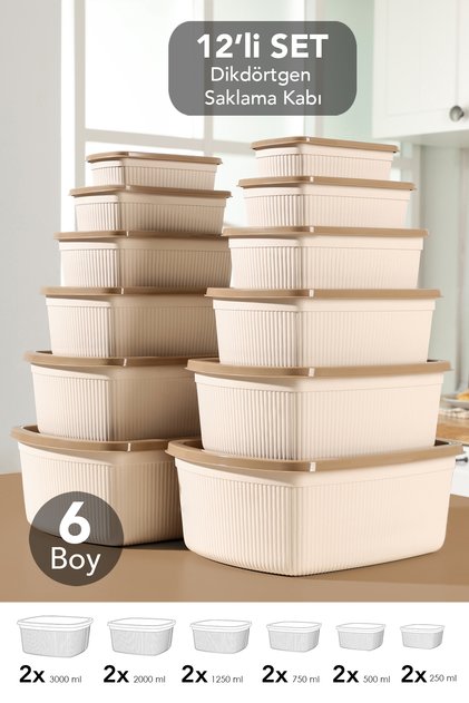 Set of 12 Rectangular Storage Containers - 6 Sizes of Microwave-Safe Organizer Food Containers Beige