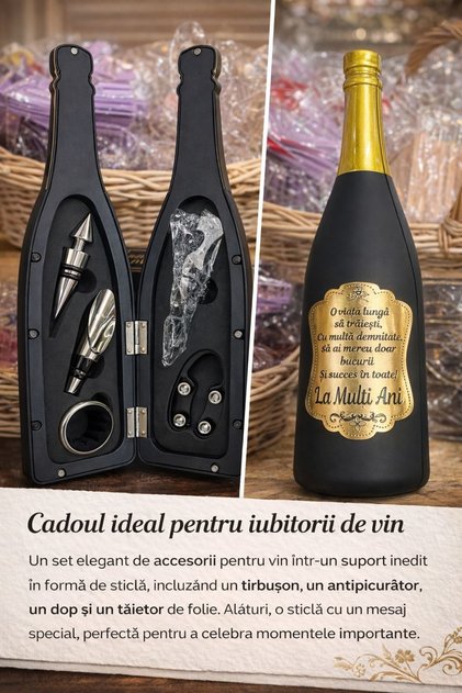 Set cadou servire vin din 5 accesorii in forma de sticla de sampanie, Cu un mesaj Special