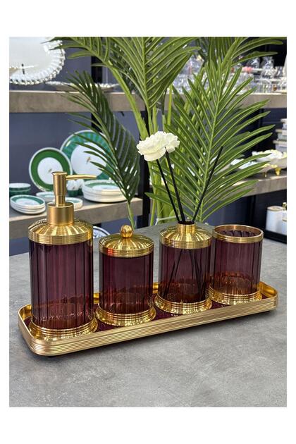 Bathroom Set with Metal Tray, Glass, 5 Pieces, Pink