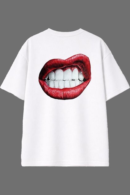 Red Lip Design Back Printed White Oversize T-Shirt