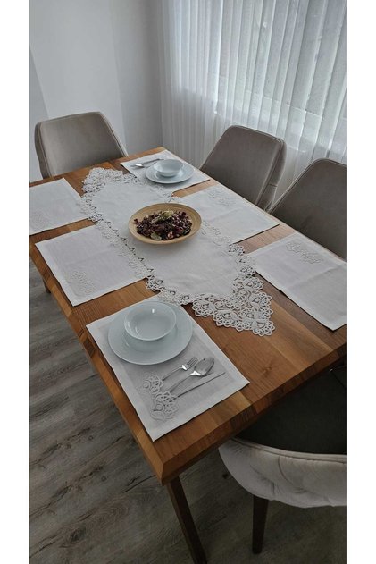 Linen Textured Luxury French Lace American Set -6 Person, 7 Pieces