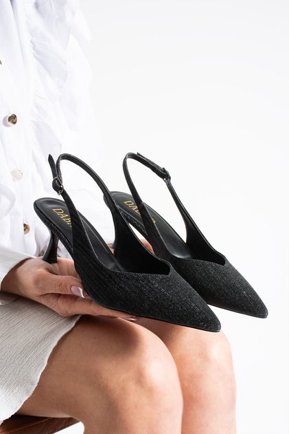 Aurelia Women's Black Pointed Toe Slingback 6 cm Thin Heel Shiny Glitter Evening Dress Shoes