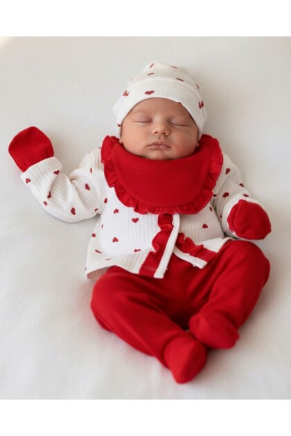 Baby Girl 5-Piece Heart Patterned Hospital Outfit Set, 100% Cotton Newborn Bodysuit