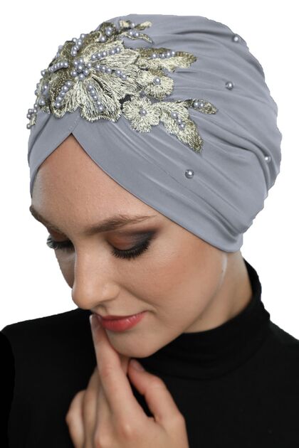 Detachable Lining Embroidered Light Gray Yellow Lace Motif Ready-made Hijab Hijab Evening Dress Bonnet