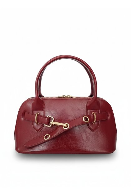 Zippered Burgundy Color Shiny Faux Leather Bowling Bag Style Women's Hand and Shoulder Bag