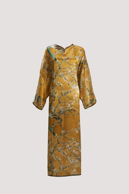 Van Gogh Almond Tree Pattern Long Sleeve Silk Dress