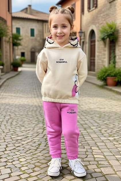 Girl's Cotton Hooded Tracksuit Set with Daisy Pattern and Wonderful Writing in Fuchsia