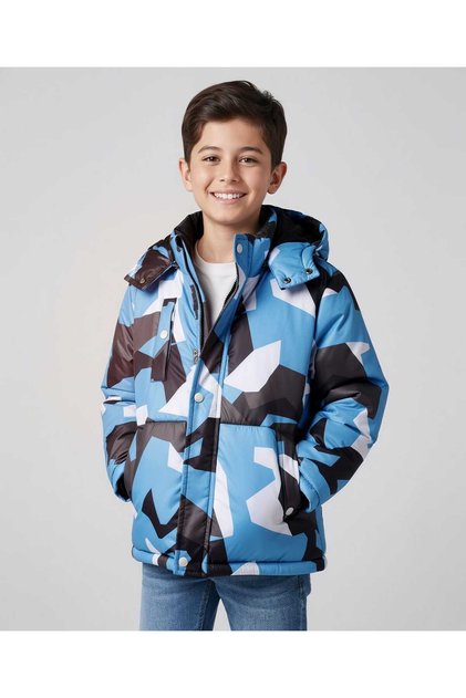 Woven Full Sleeves Hooded Padded Jacket with Camouflage Print - Blue