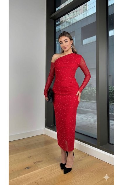 Women's Red One-Shoulder Stoned Tulle Dress