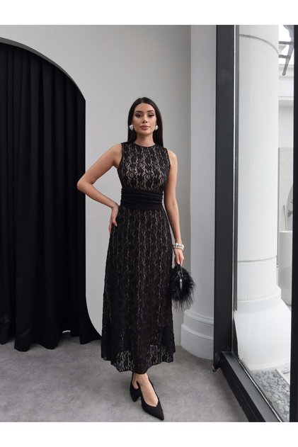 Sleeveless Waist Draped Guipure Lace Dress
