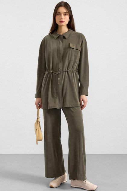 Zipper Closure, Drawstring Waist, Premium Fabric Sweat Pants Set Khaki 9406-Tk