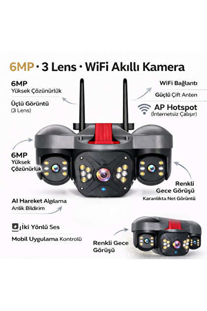 APRONX APX-WP332 6Mp 2.8mm-3.6mm Üç Kamera 22 Led Wifi PTZ