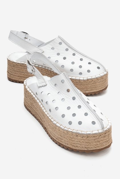 Fraga White Skin Genuine Leather Women's Straw Wedge Sandals