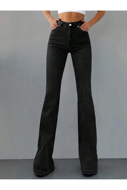 Schwarze Damen-Jeans mit hoher Taille und ausgestelltem Bein