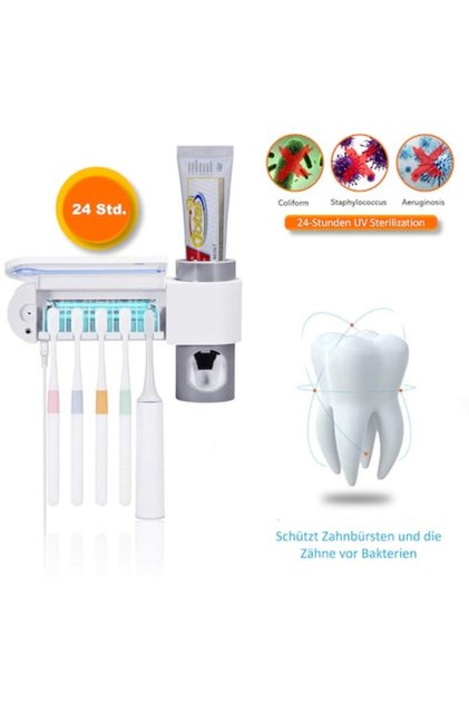 Suport Genieforce pentru periuță de dinți și pastă de dinți cu funcție de sterilizare UV, alb/gri