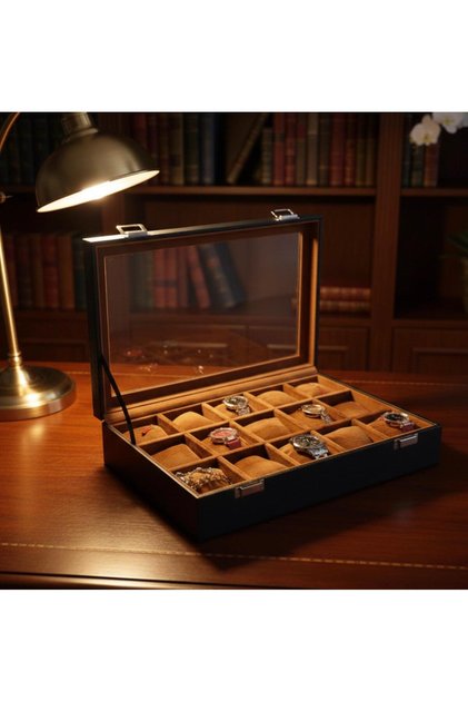 Luxury 15-Slot Watch Storage Box with Leather Glass Cover and Stylish Design Size (34X24X8) cm