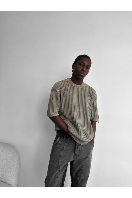 Retro Oversize Vintage Detailed Ribbed Knitwear T-Shirt Vintage Washed Short Sleeve Knitwear T-Shirt