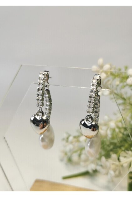 Pearl Heart Detailed Zircon Stone Silver Color Earrings