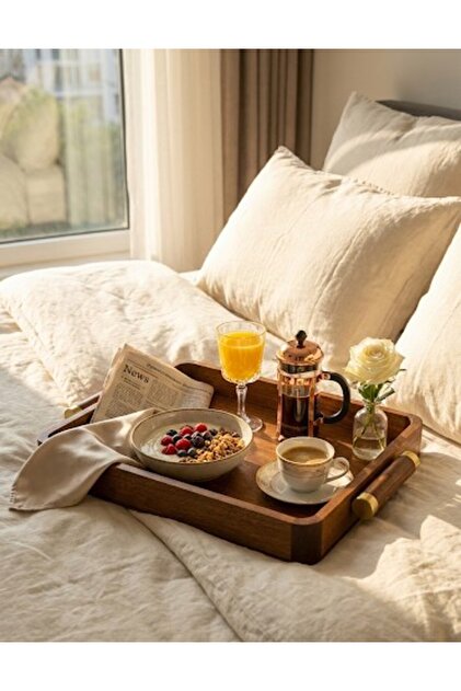 Acacia Solid Wood Presentation Tray with Gold Detail - 35X23 cm Decorative Coffee and Breakfast Tray