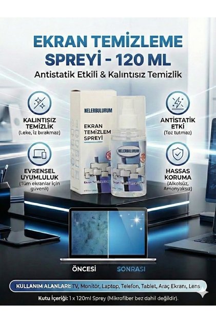 120 ML EKRAN TEMİZLEME SPREYİ Gözlük, Telefon, Ekran, Laptop, Tablet, Televizyon,Kamera