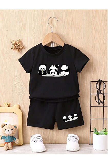 Triple Panda Printed Girls Boys Black Top-Shorts T-Shirt Set