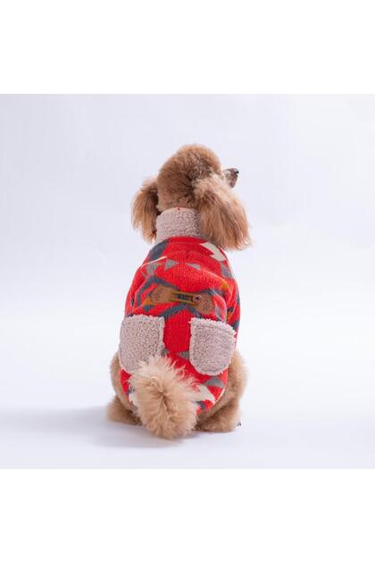 Red Chicago Checks Ethnic Weave Ethnic Patterned Buttoned Dog Coat Thick Plush Dog Outfit K